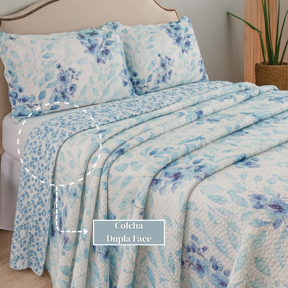 Kit Colcha Cobre Leito 3 Peças Dupla Face Estampado Floral Garden