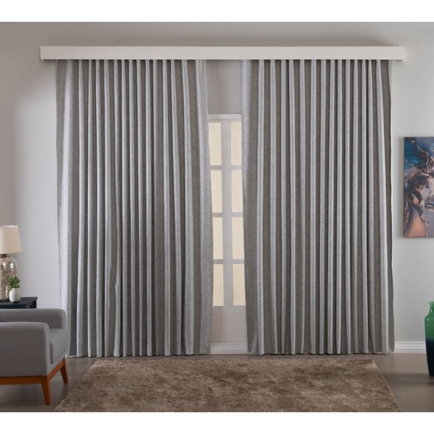 Cortina Trilho Em Tecido 100% Blackout Linho Cinza Mescla Para Janela Quarto e Sala