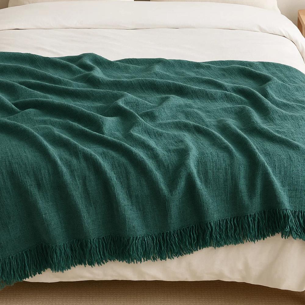 Manta Xale Decorativa Jéssica Solteiro 2,30m x 1,75m 100% Algodão Com Franja - Verde