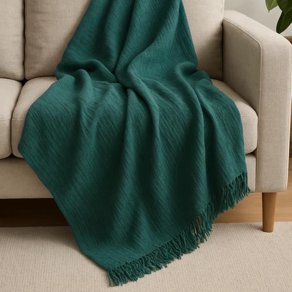 Manta Xale Decorativa Jéssica Solteiro 2,30m x 1,75m 100% Algodão Com Franja - Verde