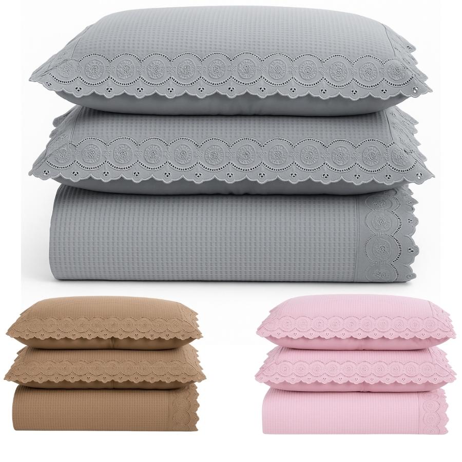 Kit Colcha Cobre Leito 3 peças 300 Fios com Bordado